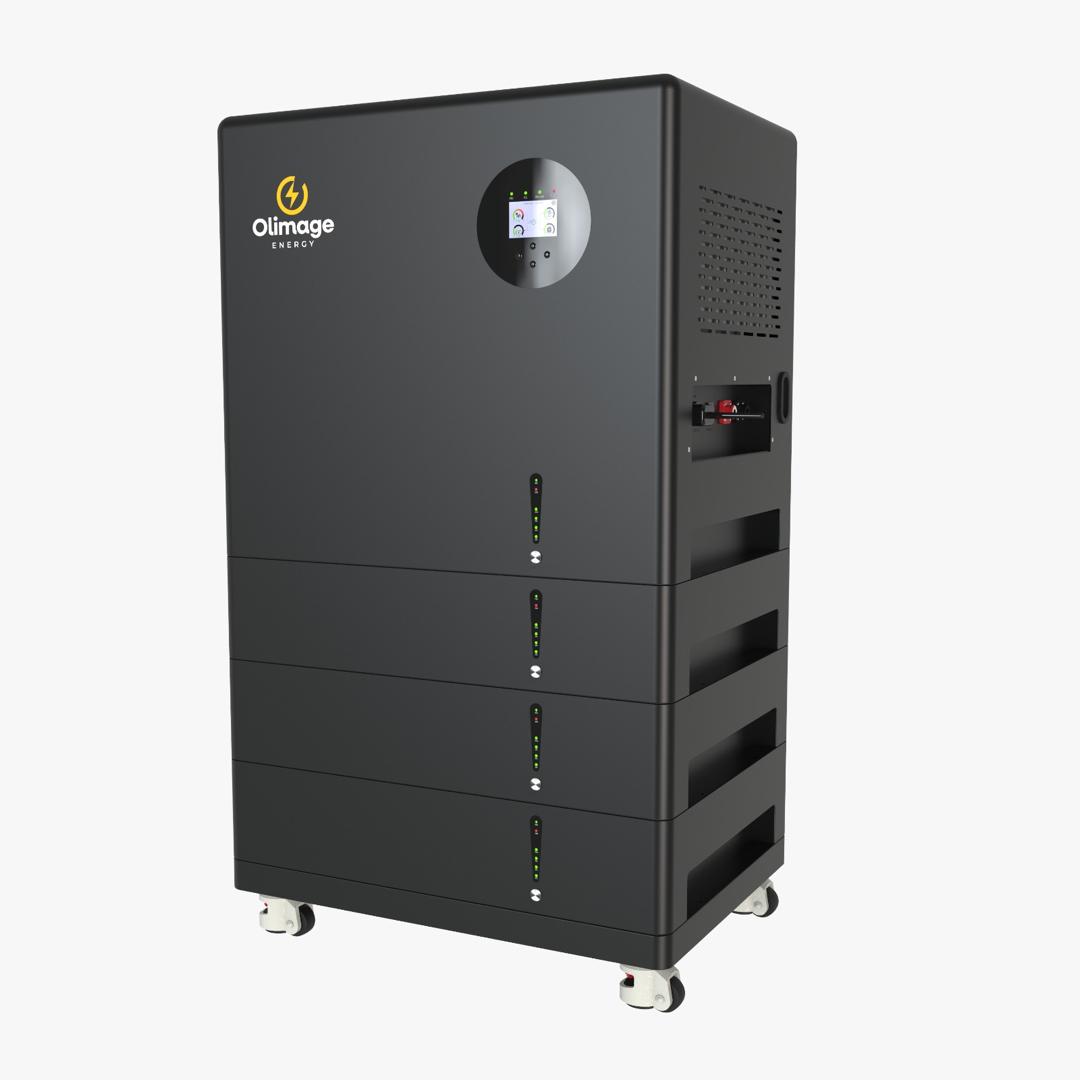 Olimage Energy industrial energy storage cabinet, angled view showing ventilation and connections